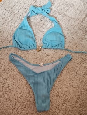 SHEIN Light Blue Ribbed Triangle Bikini Set